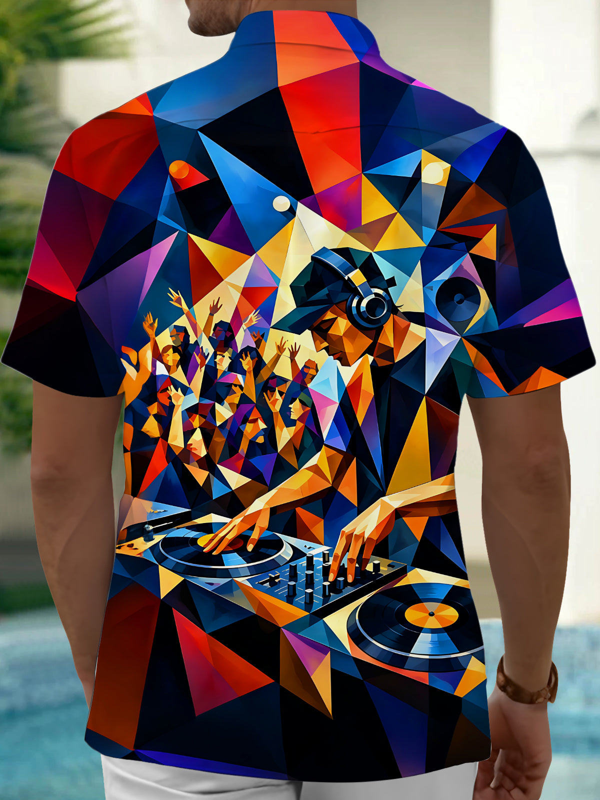 Adaychic Men's Graphic Geometric DJ Print Party Crowd Print Short Sleeve Shirt with Chest Pocket