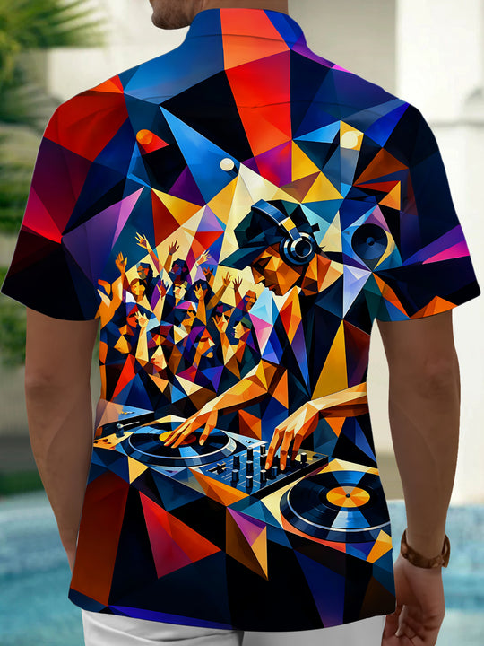 Adaychic Men's Graphic Geometric DJ Print Party Crowd Print Short Sleeve Shirt with Chest Pocket