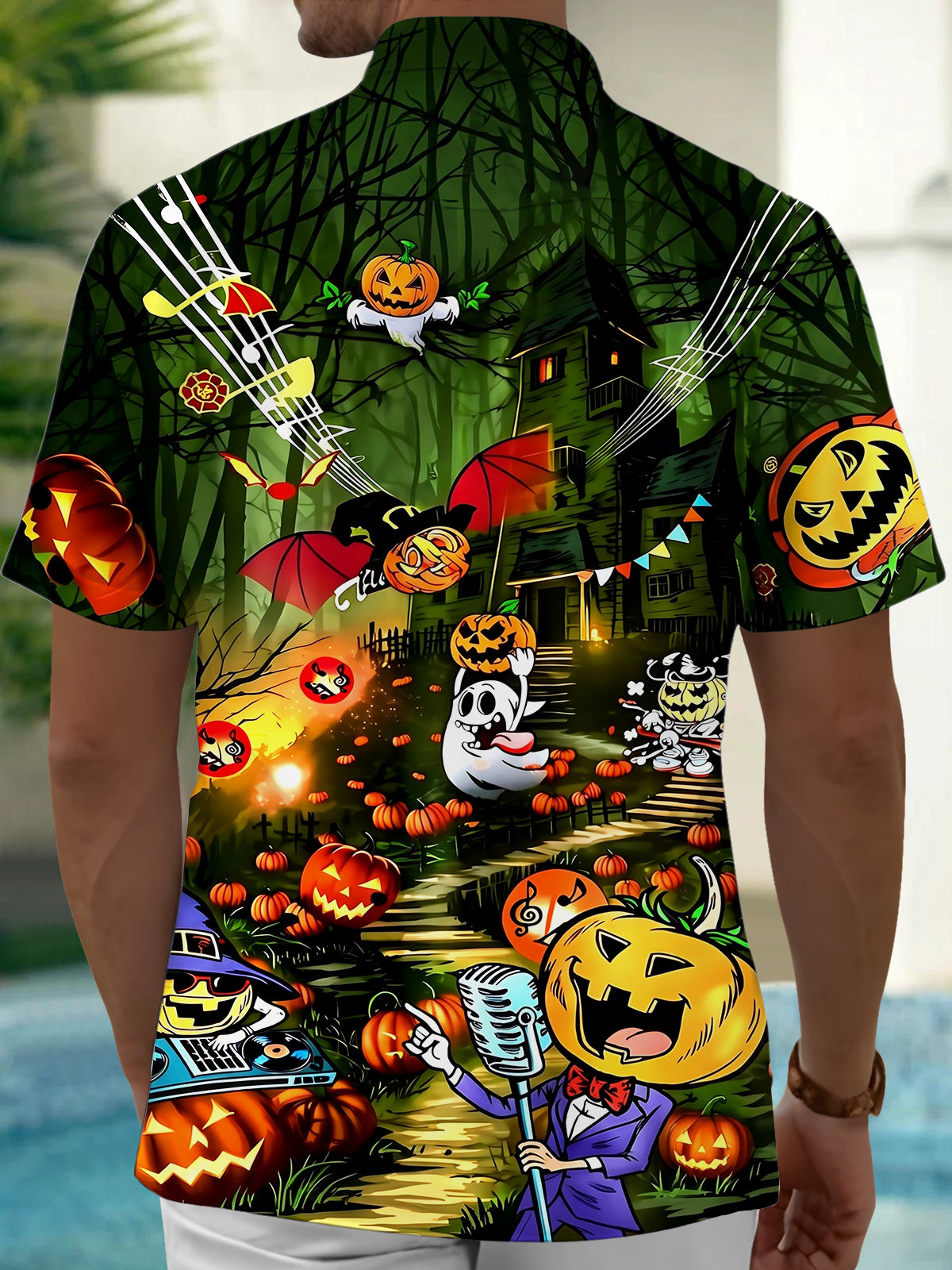 Adaychic Men's Hawaiian Halloween Ghost Print Short Sleeve Shirt with Chest Pocket
