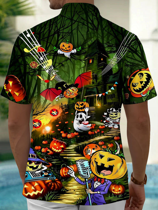 Adaychic Men's Hawaiian Halloween Ghost Print Short Sleeve Shirt with Chest Pocket