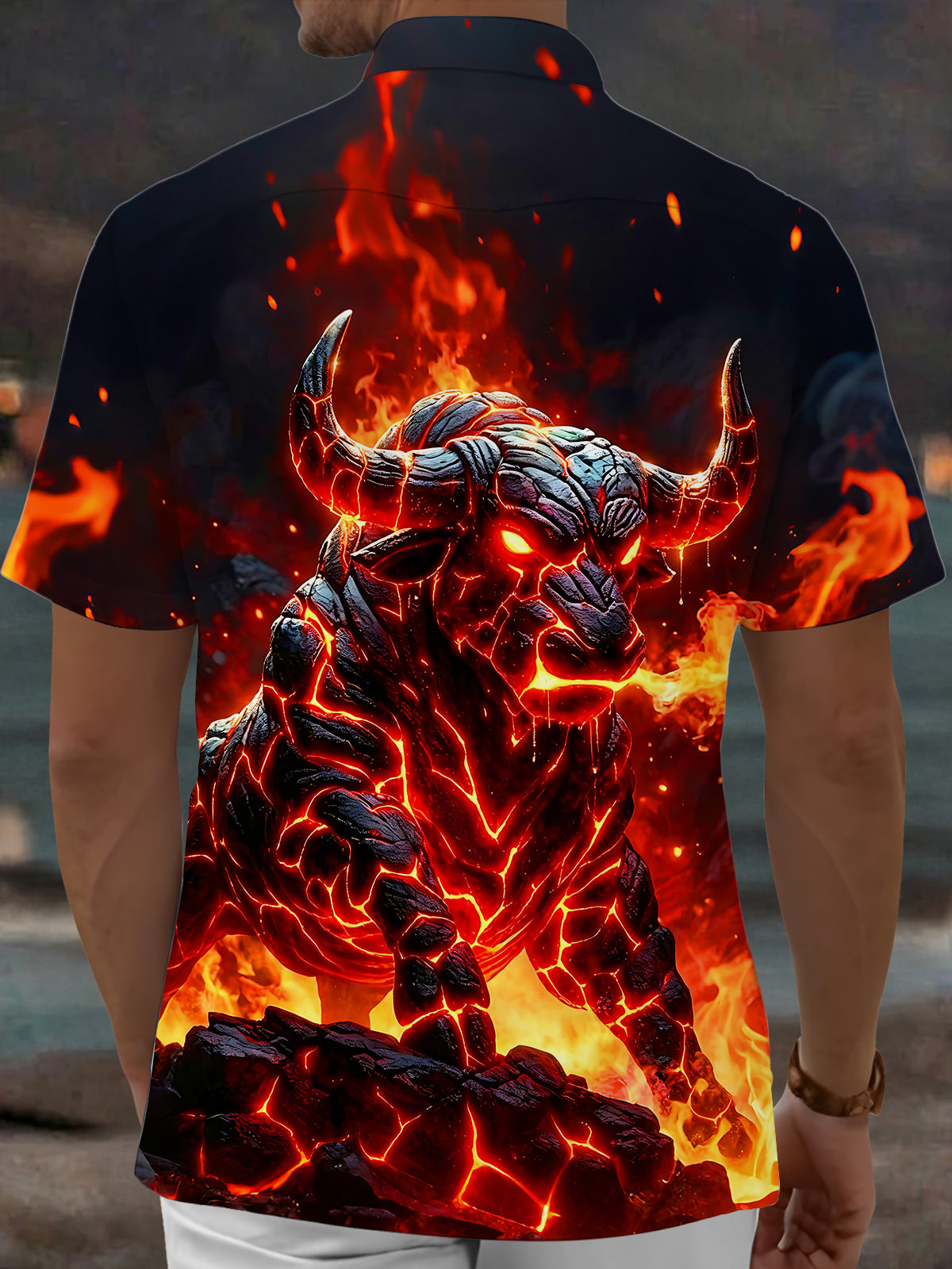 Adaychic Men's 3D Lava Bull Fire Graphic Print Short Sleeve Button Down Shirt with Chest Pocket