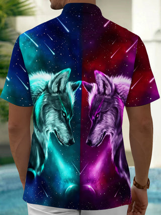 Adaychic Men's Graphic Wolf Head Print Starry Sky Print Short Sleeve Shirt with Chest Pocket