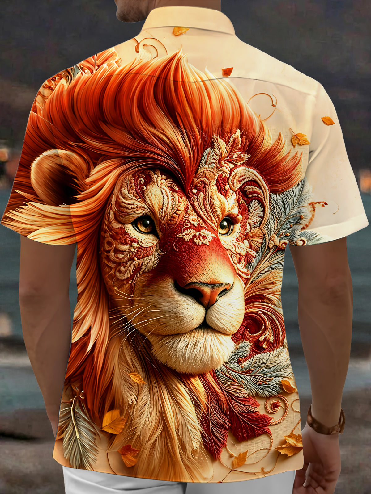 Adaychic Men's Vintage Style Lion Head Portrait Print Short Sleeve Shirt with Chest Pocket