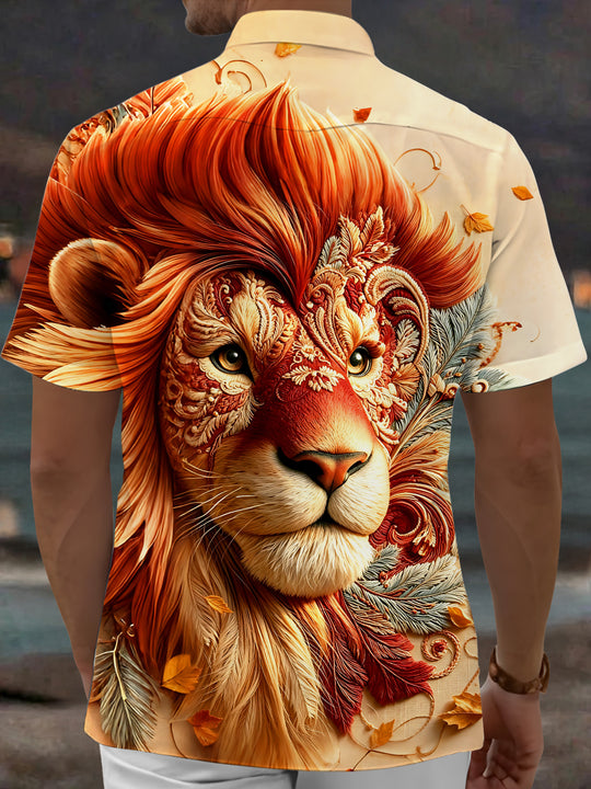 Adaychic Men's Vintage Style Lion Head Portrait Print Short Sleeve Shirt with Chest Pocket