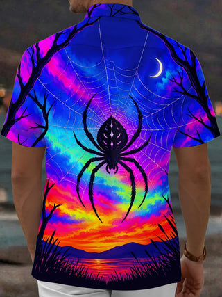 Adaychic Men's Hawaiian Spider And Spider Web Print Short Sleeve Shirt with Chest Pocket