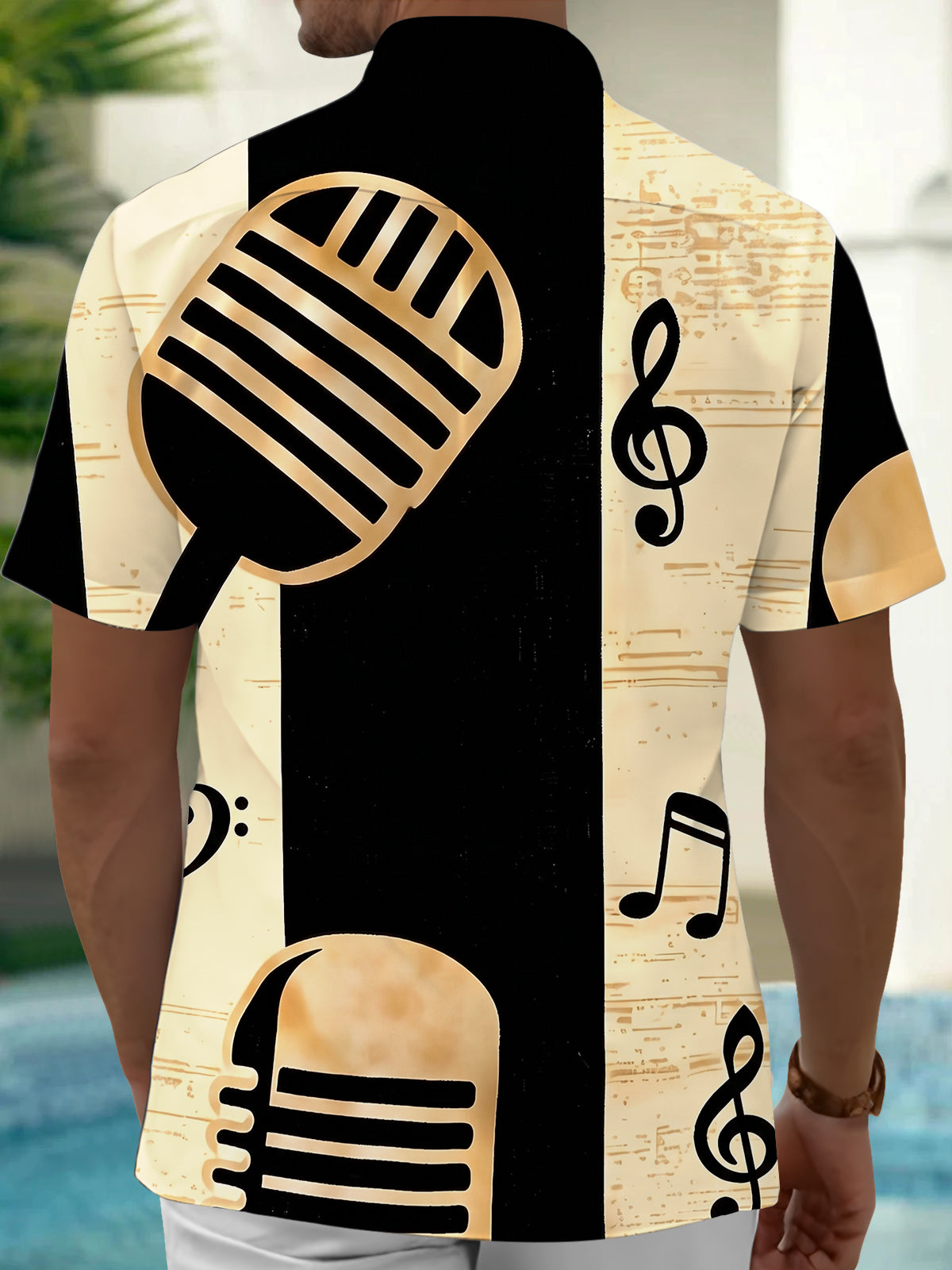 Adaychic Men's Vintage Style Vintage Microphone Print Short Sleeve Shirt with Chest Pocket