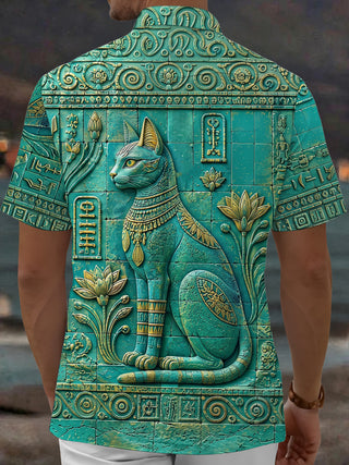 Adaychic Men's Vintage Style Egyptian Cat Relief Print Short Sleeve Shirt with Chest Pocket