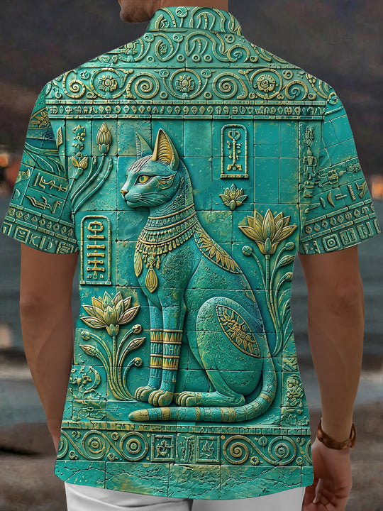 Adaychic Men's Vintage Style Egyptian Cat Relief Print Short Sleeve Shirt with Chest Pocket
