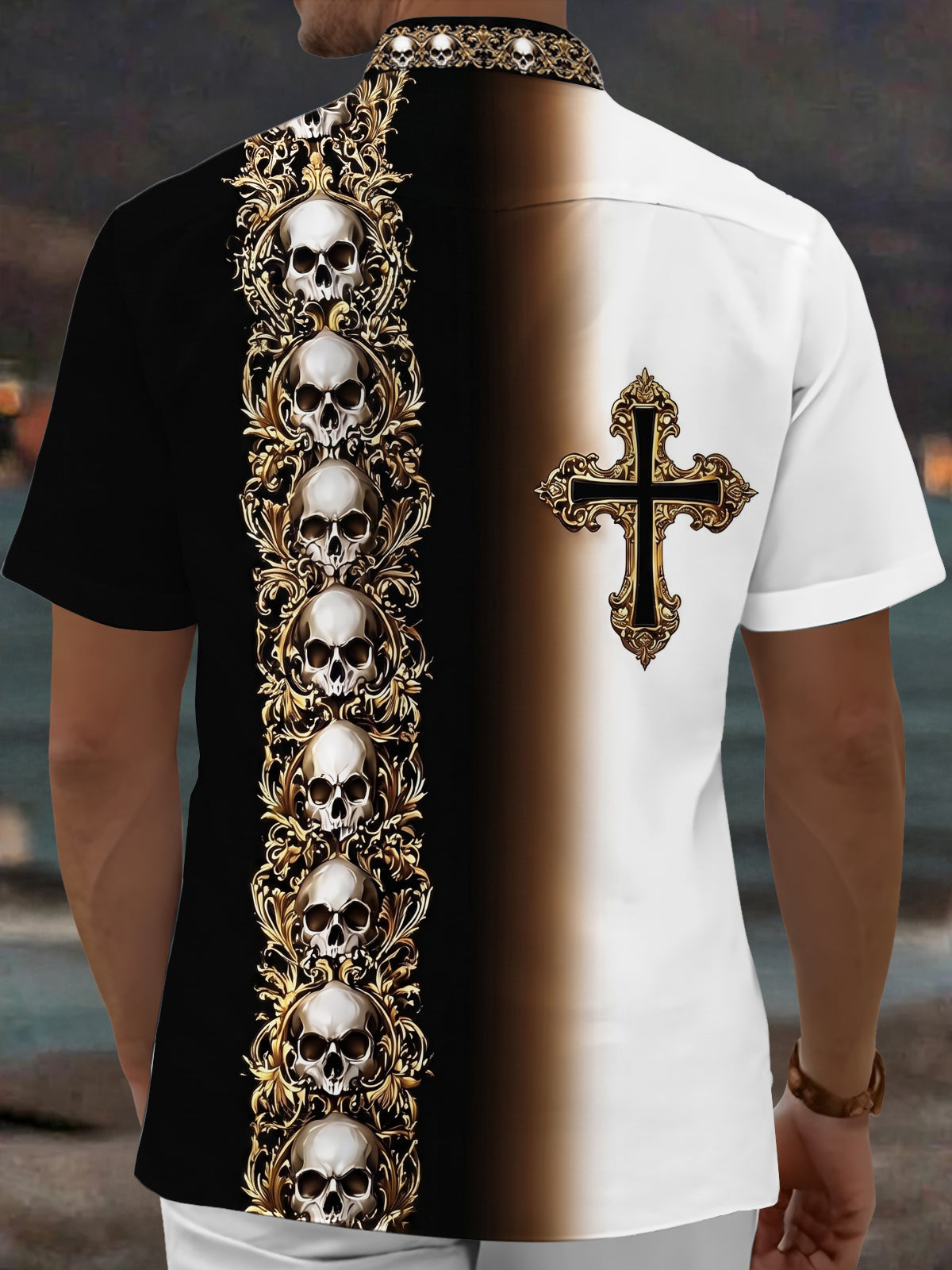 Adaychic Men's Skull And Cross Ornament Print Short Sleeve Shirt with Chest Pocket