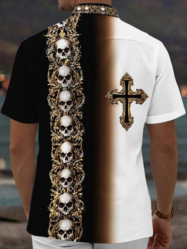 Adaychic Men's Skull And Cross Ornament Print Short Sleeve Shirt with Chest Pocket