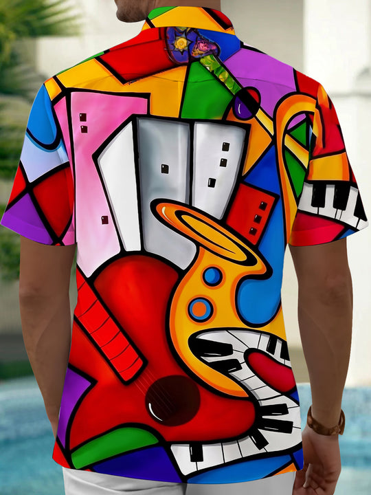 Adaychic Men's Graphic Abstract Musical Instruments Print Short Sleeve Shirt with Chest Pocket