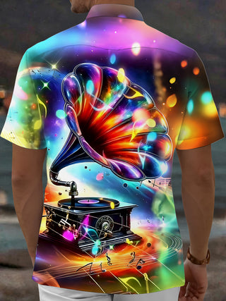 Adaychic Men's Graphic Colorful Gramophone Print Short Sleeve Shirt with Chest Pocket