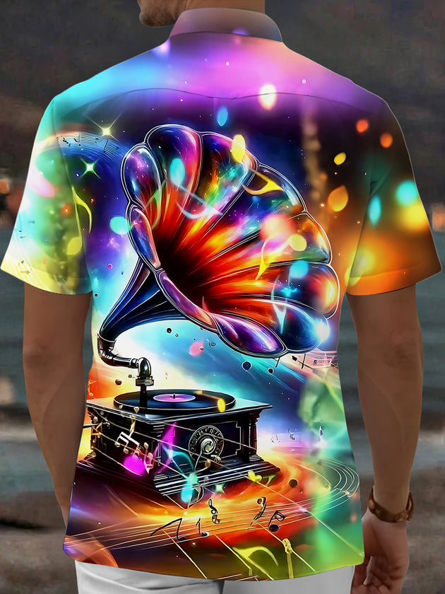 Adaychic Men's Graphic Colorful Gramophone Print Short Sleeve Shirt with Chest Pocket