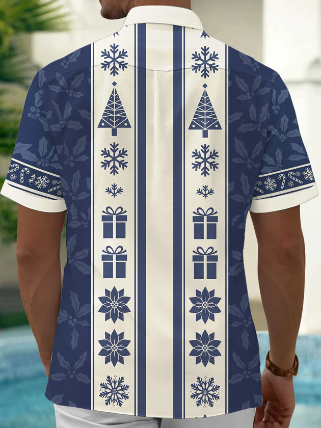 Adaychic Men's Short Sleeve Shirt - Christmas Trees Snowflakes Gift Boxes And Poinsettias Print with Chest Pocket