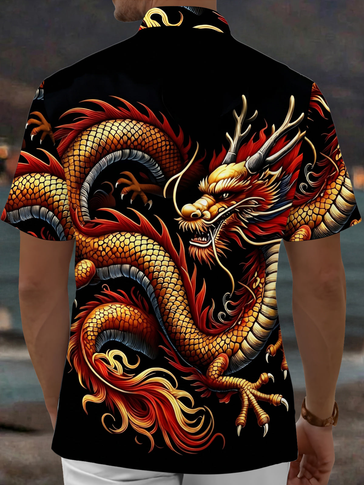 Adaychic Men's Hawaiian Chinese Dragon Print Short Sleeve Shirt with Chest Pocket