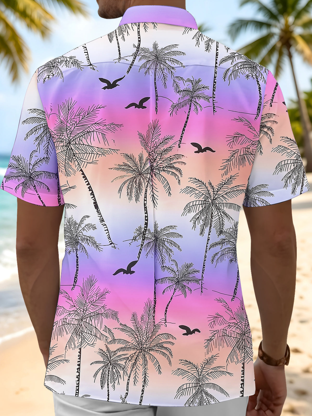 Adaychic Men's Hawaiian Palm Tree Silhouette Print Short Sleeve Shirt with Chest Pocket