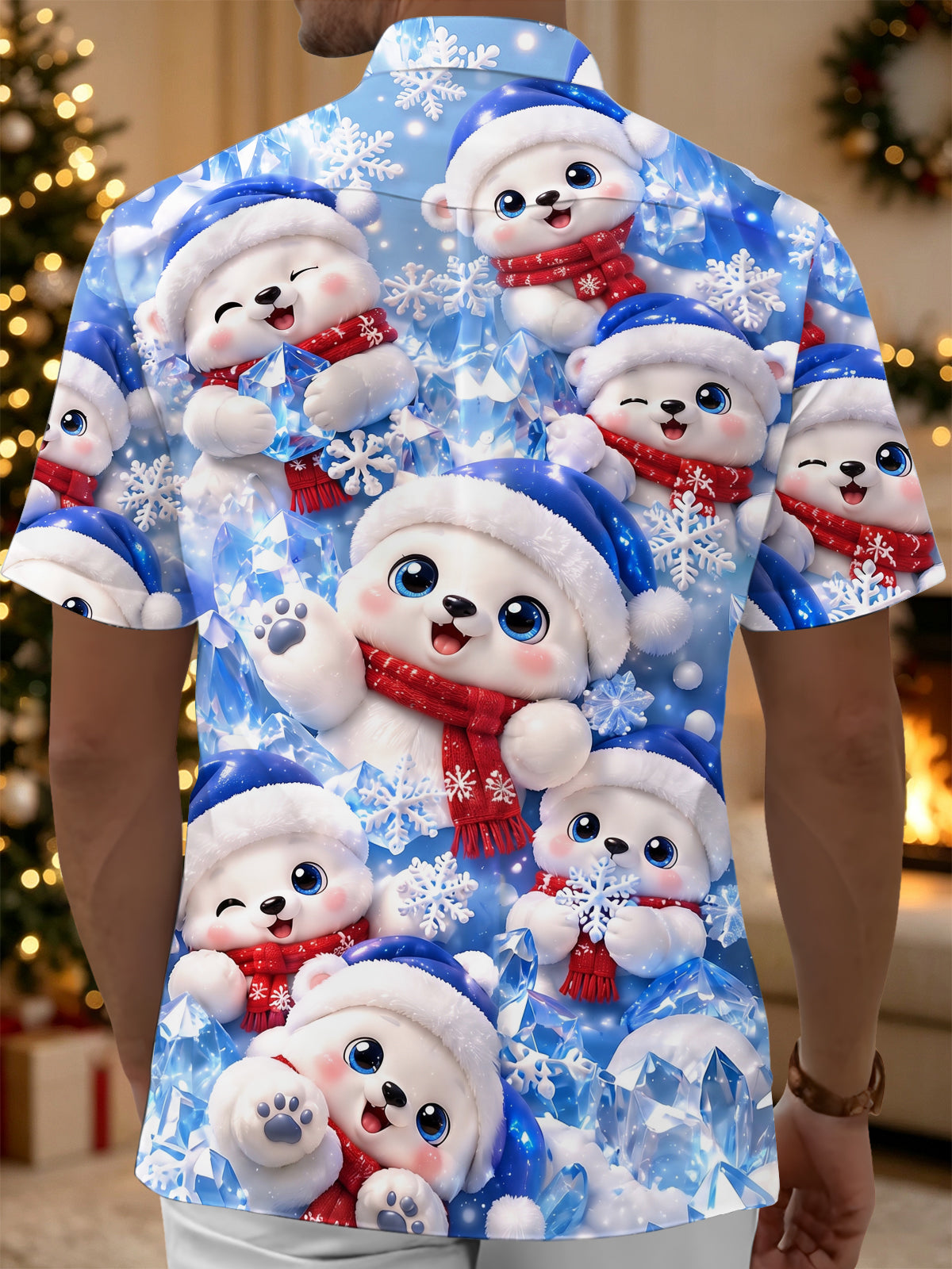 Adaychic Men's Graphic Christmas Polar Bear Print Short Sleeve Shirt with Chest Pocket