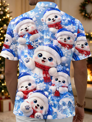 Adaychic Men's Graphic Christmas Polar Bear Print Short Sleeve Shirt with Chest Pocket