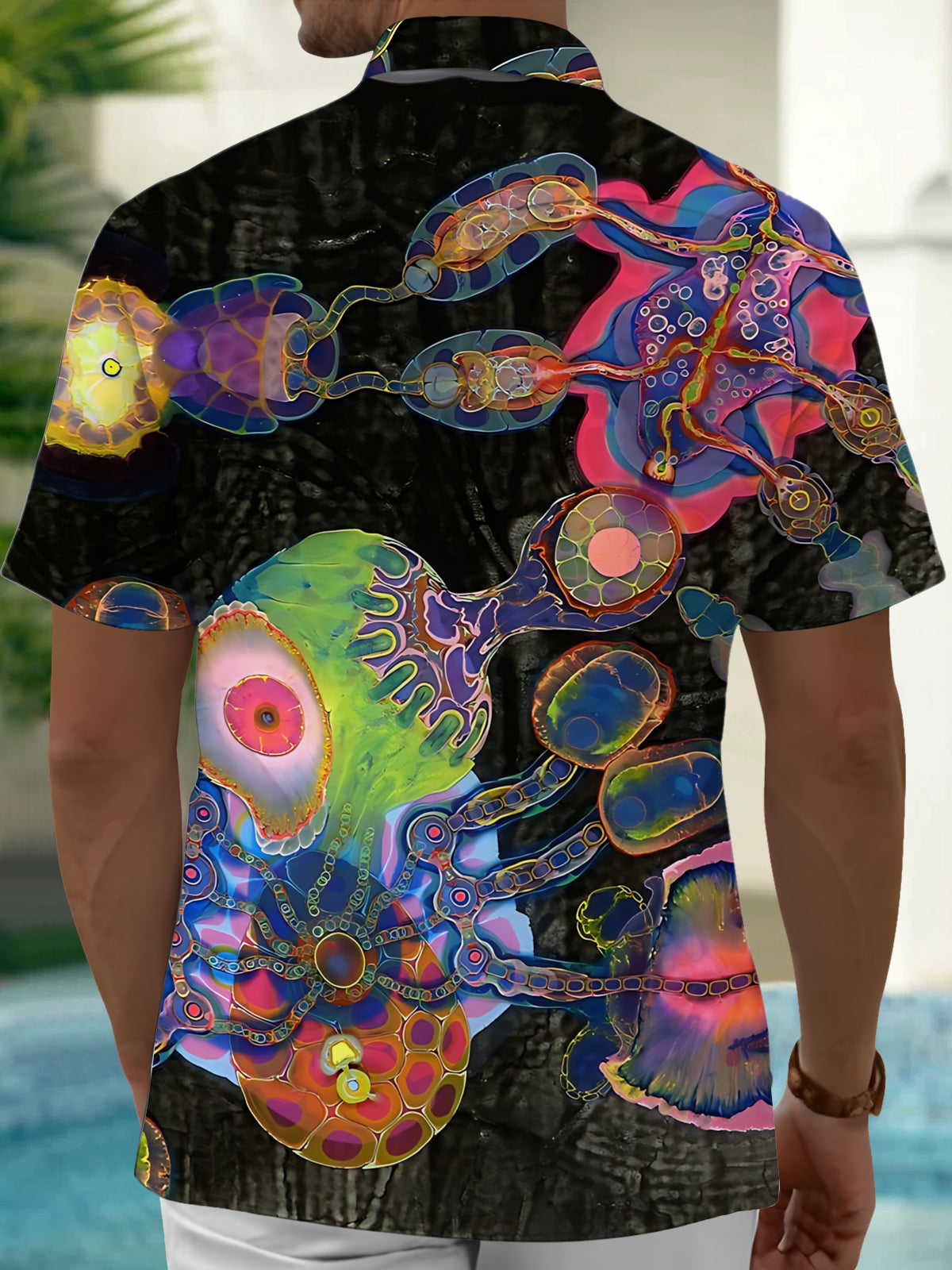 Adaychic Men's Colorful Abstract Organic Shapes Print Short Sleeve Shirt with Chest Pocket