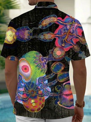 Adaychic Men's Colorful Abstract Organic Shapes Print Short Sleeve Shirt with Chest Pocket