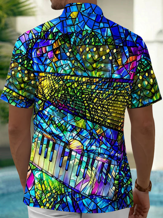 Adaychic Men's Printed Stained Glass Piano Print Short Sleeve Shirt with Chest Pocket