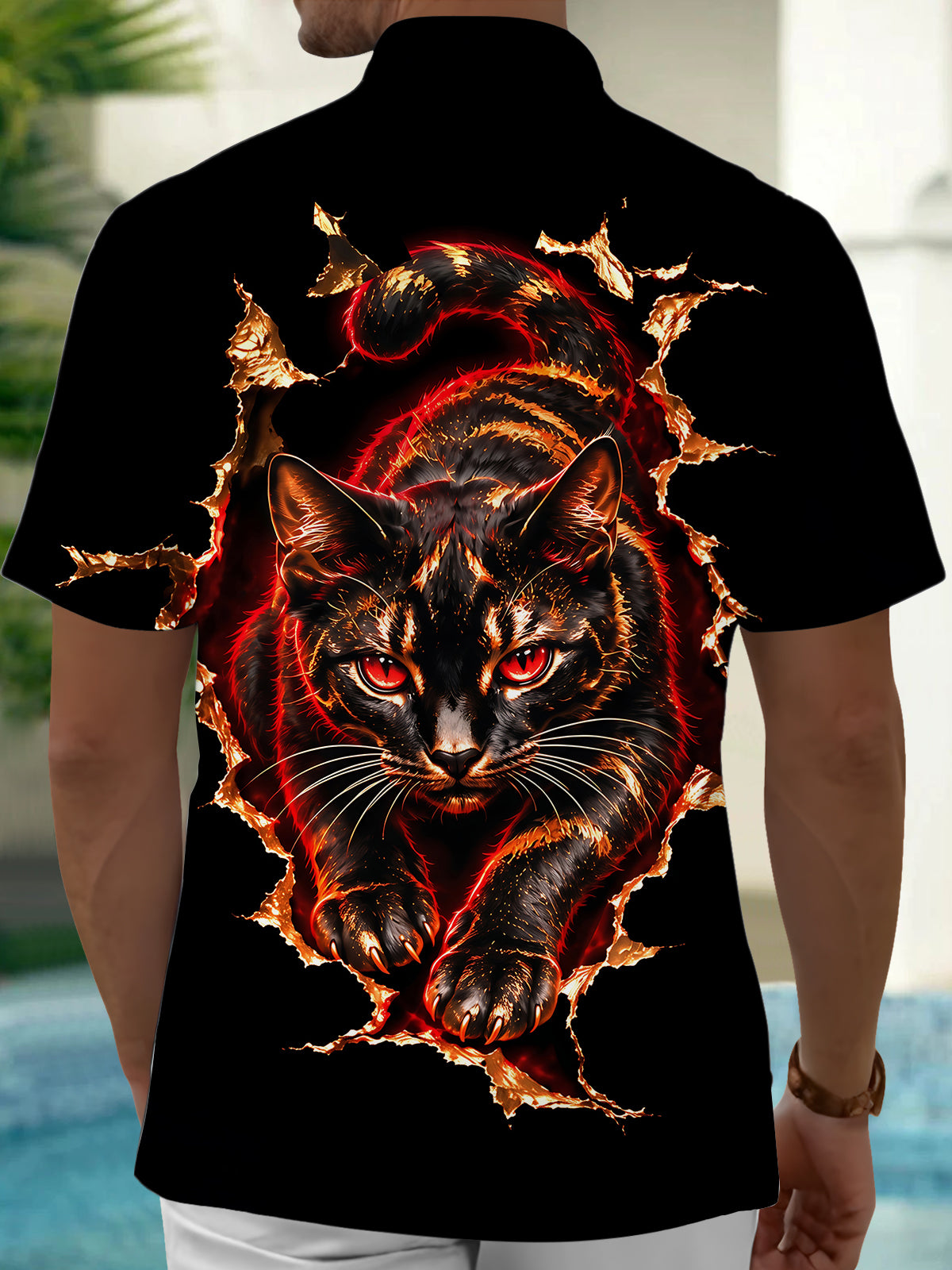 Adaychic Men's Short Sleeve Shirt - Black Cat With Red Eyes Bursting Through Fabric Print with Chest Pocket