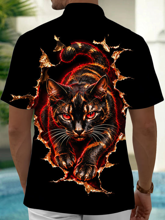 Adaychic Men's Short Sleeve Shirt - Black Cat With Red Eyes Bursting Through Fabric Print with Chest Pocket
