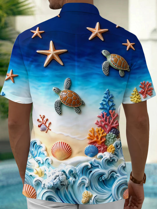 Adaychic Men's Hawaiian 3D Sea Turtle Print Starfish Print Short Sleeve Shirt with Chest Pocket