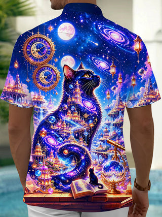 Adaychic Men's Graphic 3D Fantasy Cat Space Castle Print Short Sleeve Button Down Shirt with Chest Pocket