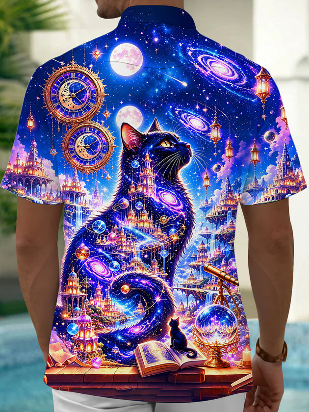 Adaychic Men's Graphic 3D Fantasy Cat Space Castle Print Short Sleeve Button Down Shirt with Chest Pocket