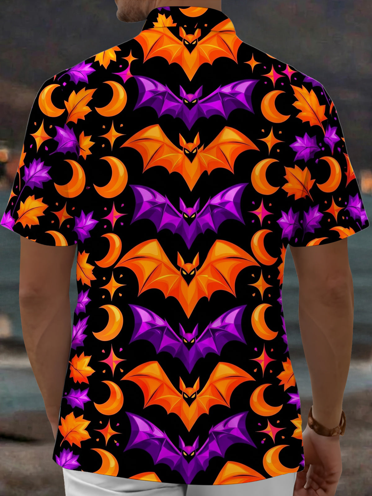 Adaychic Men's Halloween Bats And Crescent Moons Print Short Sleeve Shirt with Chest Pocket