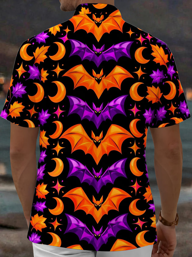 Adaychic Men's Halloween Bats And Crescent Moons Print Short Sleeve Shirt with Chest Pocket