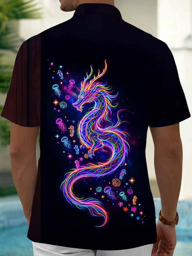 Adaychic Men's Graphic Neon Sea Dragon Print Short Sleeve Shirt with Chest Pocket