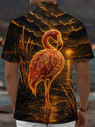 Adaychic Men's Hawaiian Flamingo Sunset Print Short Sleeve Shirt with Chest Pocket