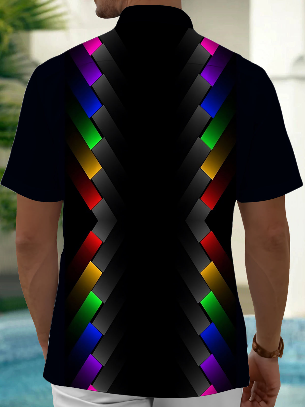 Adaychic Men's Rainbow Geometric Chevron Print Short Sleeve Shirt with Chest Pocket