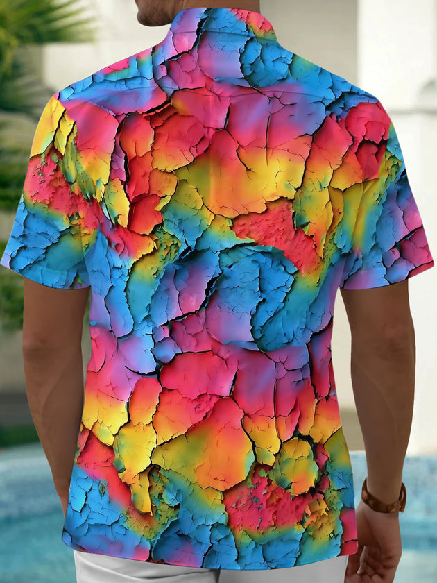 Adaychic Men's Printed Colorful Cracked Texture Print Short Sleeve Shirt with Chest Pocket