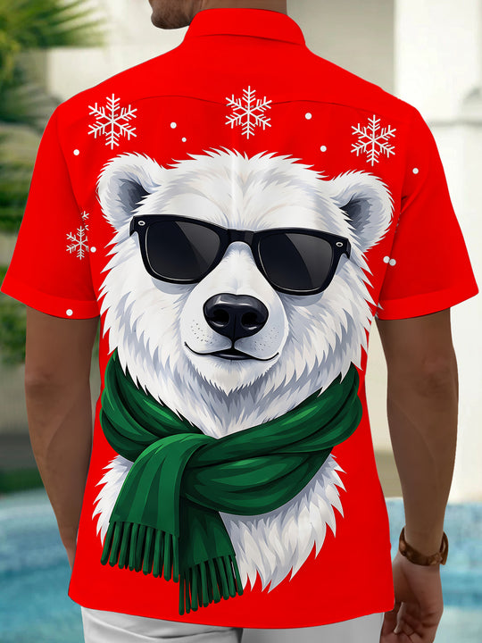 Adaychic Men's Short Sleeve Shirt - Christmas Polar Bear With Sunglasses And Green Scarf Print with Chest Pocket