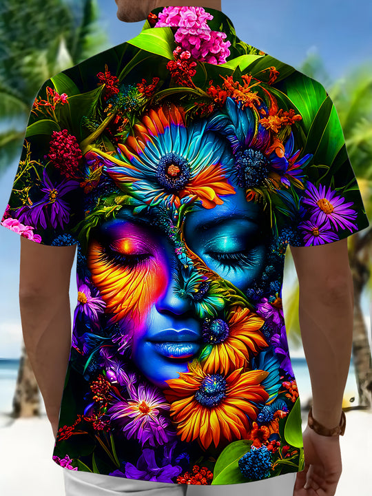 Adaychic Men's Floral Face Graphic Print Short Sleeve Button Down Shirt with Chest Pocket