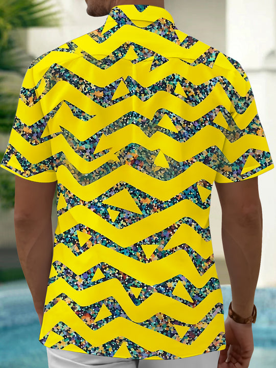 Adaychic Men's Geometric Zigzag And Triangles Print Short Sleeve Shirt with Chest Pocket