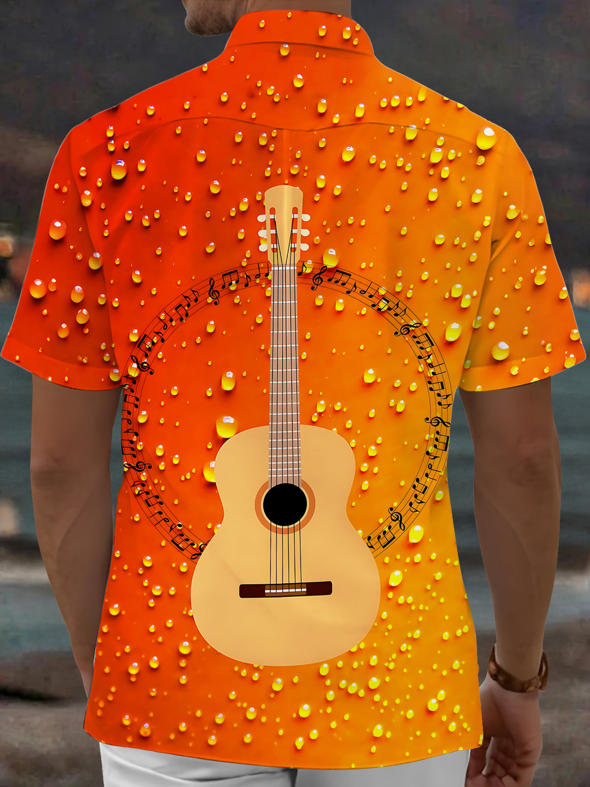 Adaychic Men's Graphic Guitar Print Musical Notes Print Short Sleeve Shirt with Chest Pocket