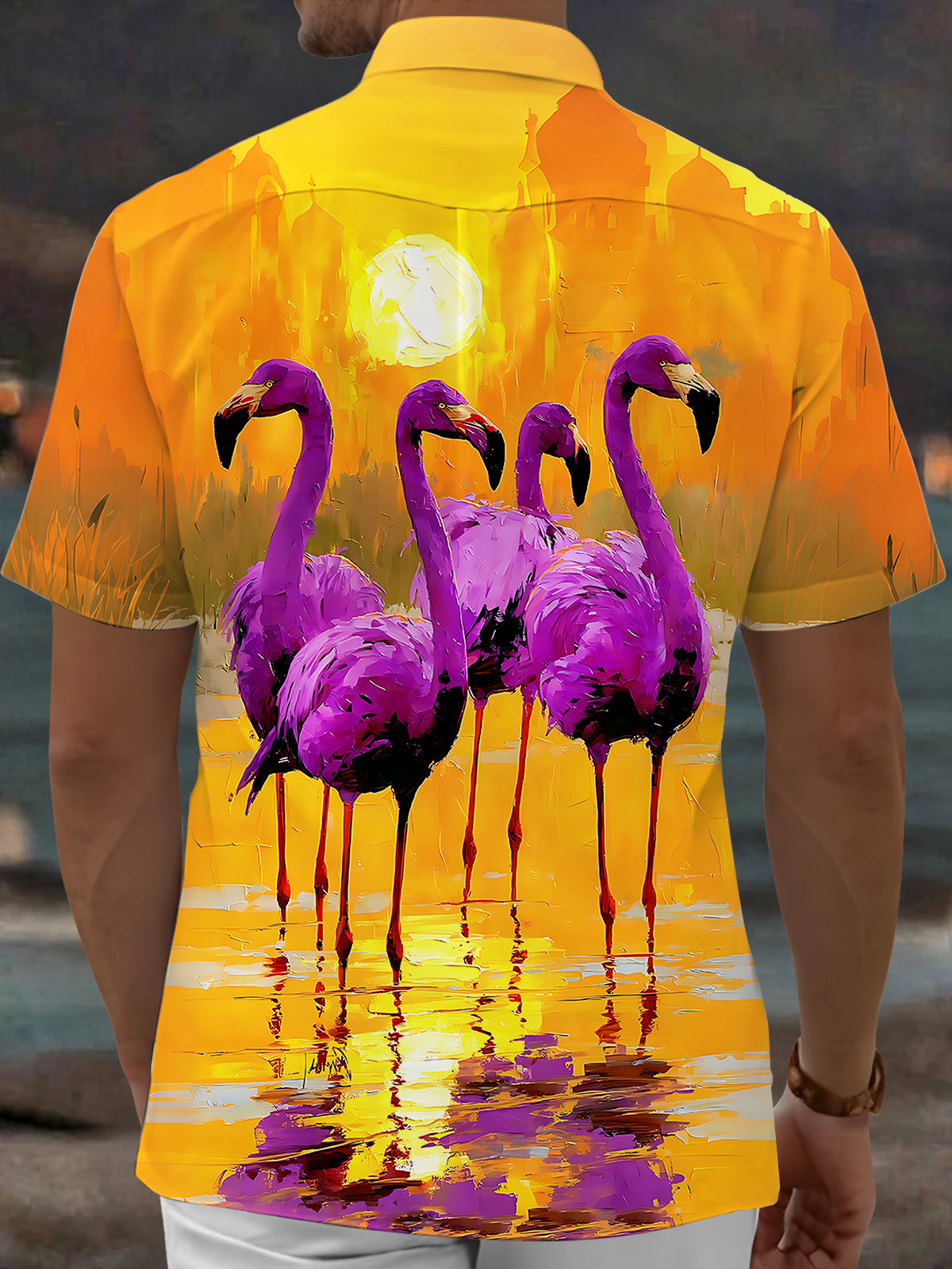 Adaychic Men's Hawaiian Flamingo Sunset Print Short Sleeve Shirt with Chest Pocket