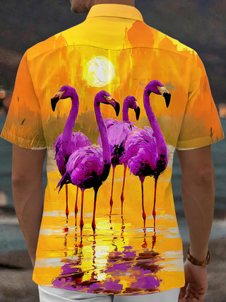 Adaychic Men's Hawaiian Flamingo Sunset Print Short Sleeve Shirt with Chest Pocket