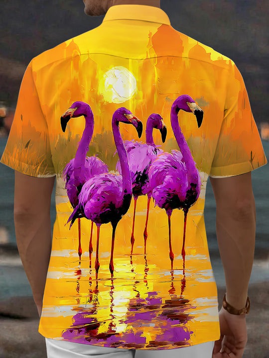 Adaychic Men's Hawaiian Flamingo Sunset Print Short Sleeve Shirt with Chest Pocket