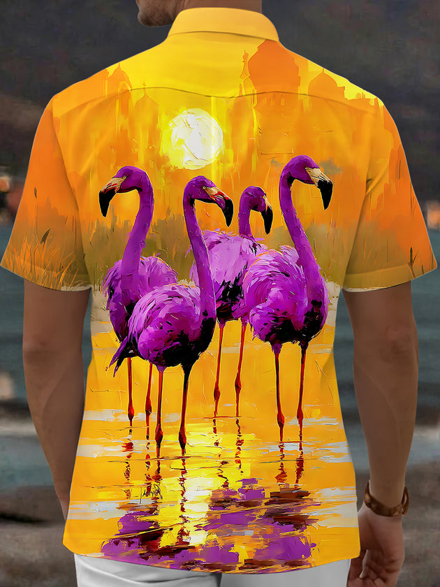 Adaychic Men's Hawaiian Flamingo Sunset Print Short Sleeve Shirt with Chest Pocket