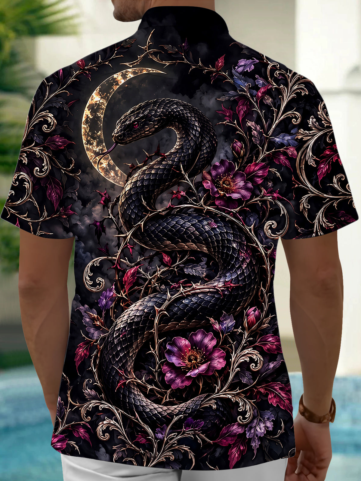 Adaychic Men's Dark Snake And Purple Flowers With Moon Print Short Sleeve Shirt with Chest Pocket