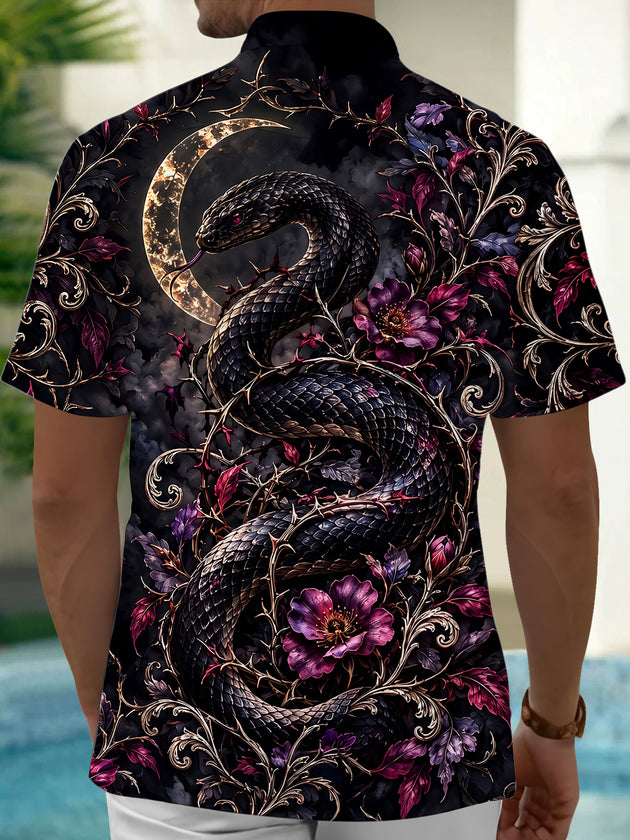 Adaychic Men's Dark Snake And Purple Flowers With Moon Print Short Sleeve Shirt with Chest Pocket