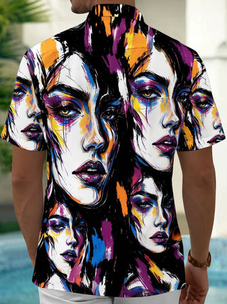 Adaychic Men's Graphic Abstract Woman Faces Print Short Sleeve Shirt with Chest Pocket