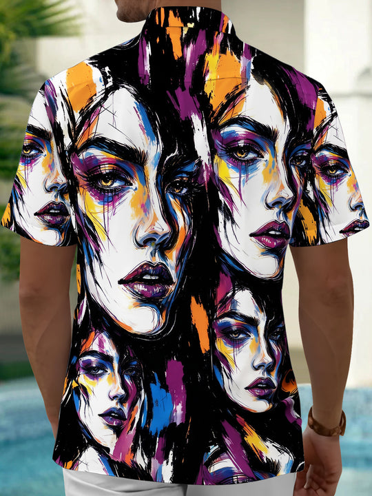 Adaychic Men's Graphic Abstract Woman Faces Print Short Sleeve Shirt with Chest Pocket