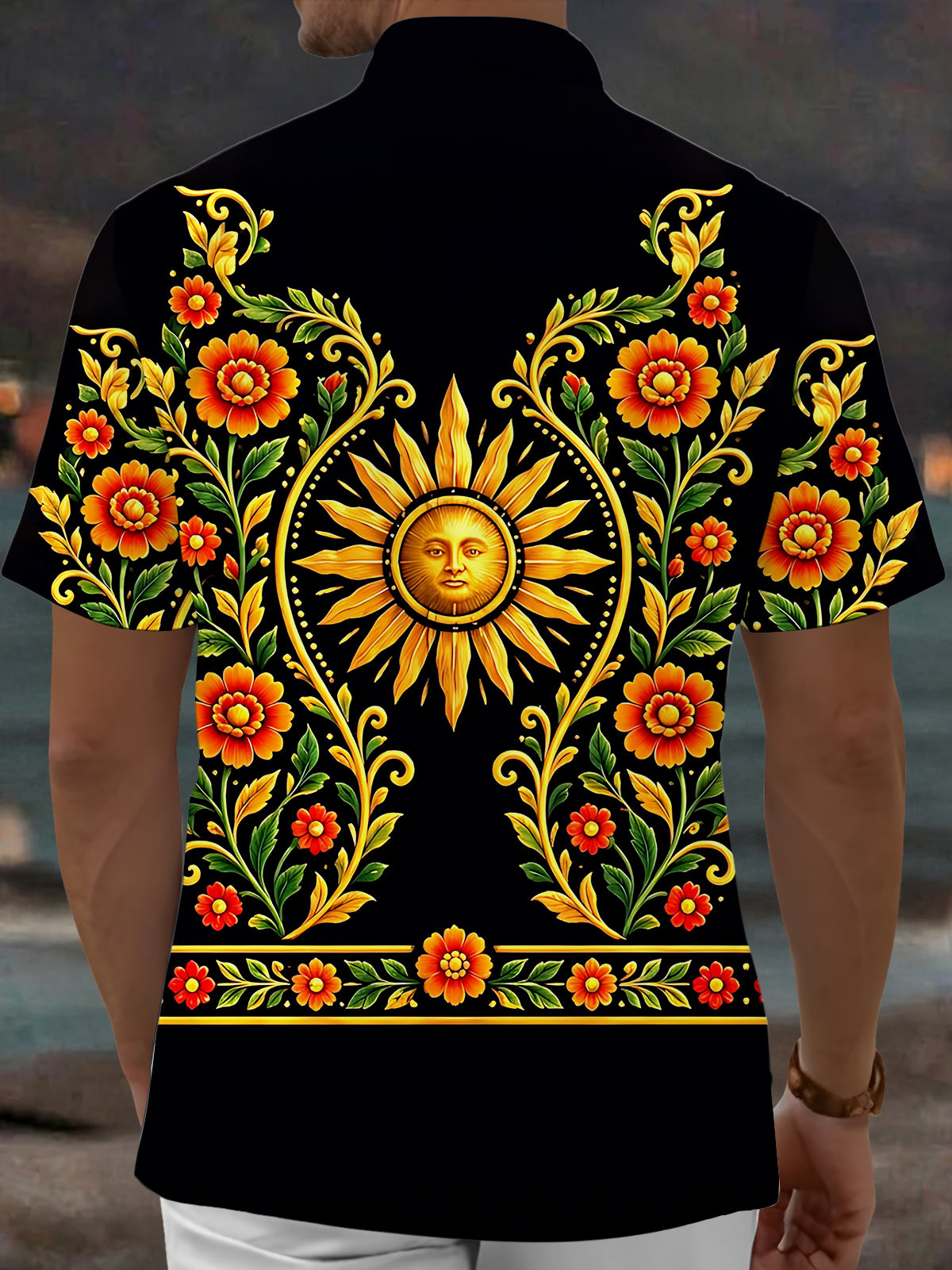 Adaychic Men's Hawaiian Sun With Face And Floral Vines Print Short Sleeve Shirt with Chest Pocket
