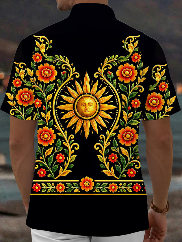 Adaychic Men's Hawaiian Sun With Face And Floral Vines Print Short Sleeve Shirt with Chest Pocket